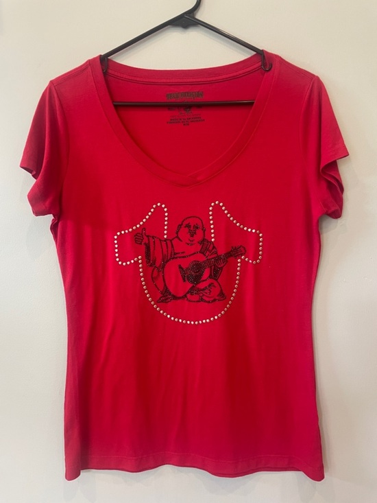 True Religion Tops - True Religion Red V-Neck Studded Graphic Tee